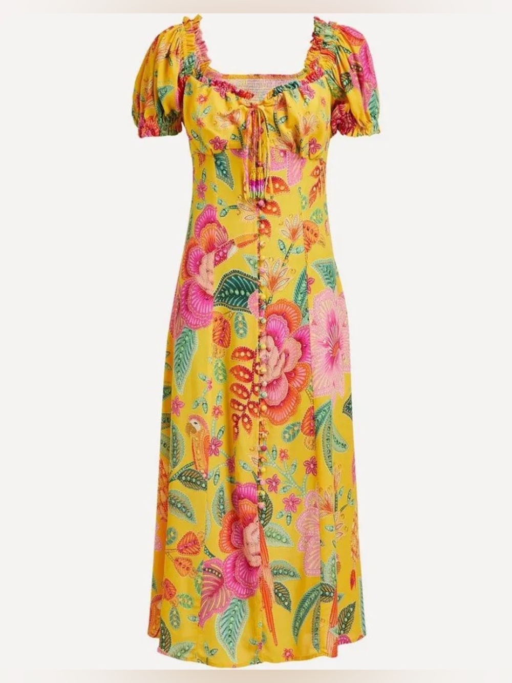 FARM Rio Macaw Bloom Puff-Sleeve Midi Dress | Size Small |  $235 NEW